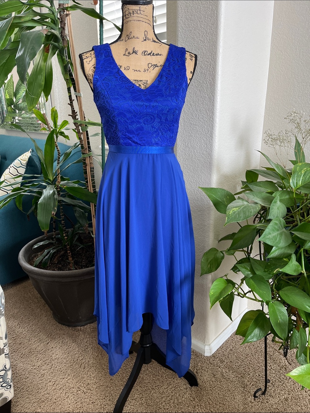 Elegant Royal Blue Lace V-Neck Dress